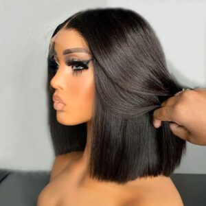 Raw Indian HD transparent lace bone straight Bob natural black 100% Human Hair wigs Lace frontal 180 Density 13x4