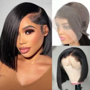 Raw Indian HD transparent lace bone straight Bob natural black 100% Human Hair wigs Lace frontal 180 Density 13x4
