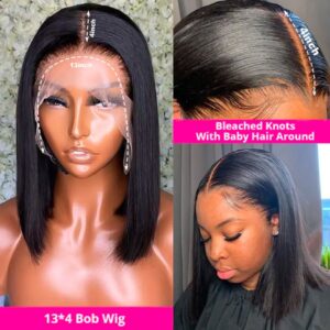 Raw Indian HD transparent lace bone straight Bob natural black 100% Human Hair wigs Lace frontal 180 Density 13x4