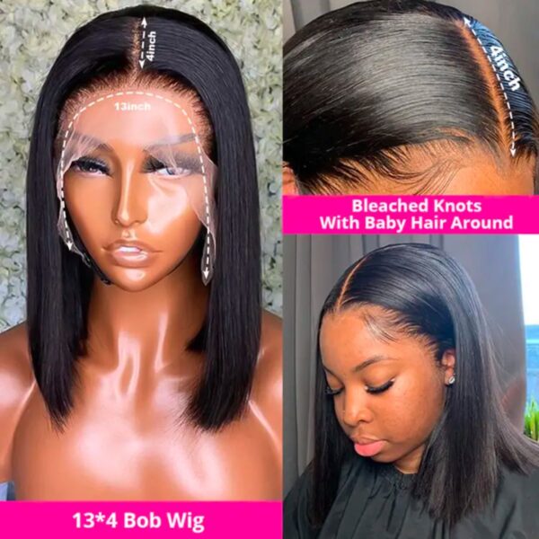 Raw Indian HD transparent lace bone straight Bob natural black 100% Human Hair wigs Lace frontal 180 Density 13x4