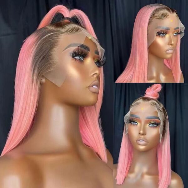 Bob Pink #1B custom colored mixed with #1B Raw Indian virgin 100% Human hair wigs HD lace frontal 180 density 13x4