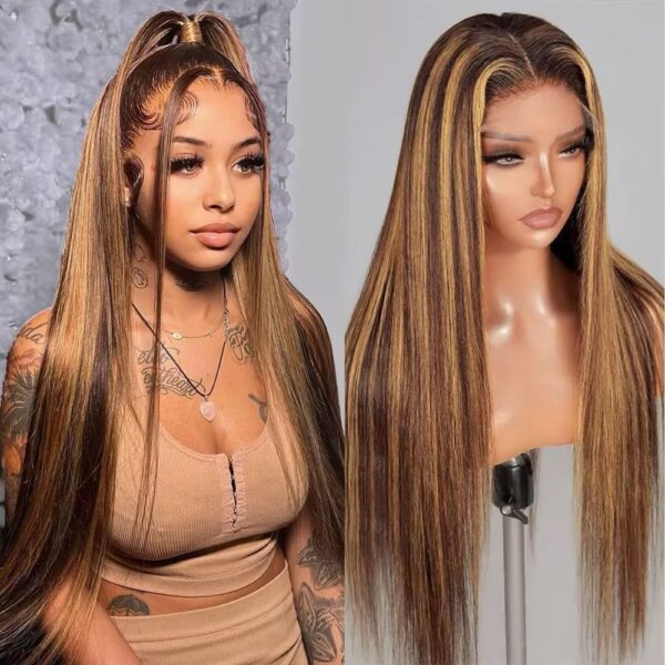 Straight highlights piano colored Raw Indian bone transparent lace frontal 100% human hair wigs  180 density 13x4