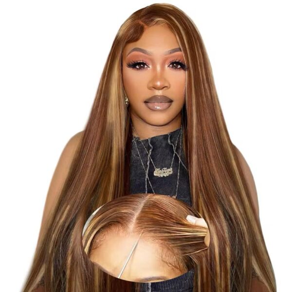 Straight highlights piano colored Raw Indian bone transparent lace frontal 100% human hair wigs  180 density 13x4
