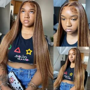 Straight highlights piano colored Raw Indian bone transparent lace frontal 100% human hair wigs  180 density 13x4